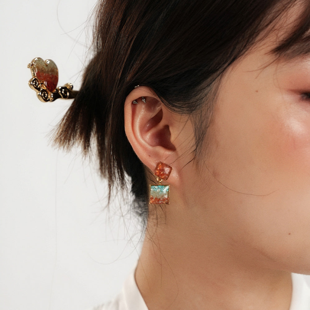 Colorful Stone Inlaid Earrings, Dunhuang Color Square Style
