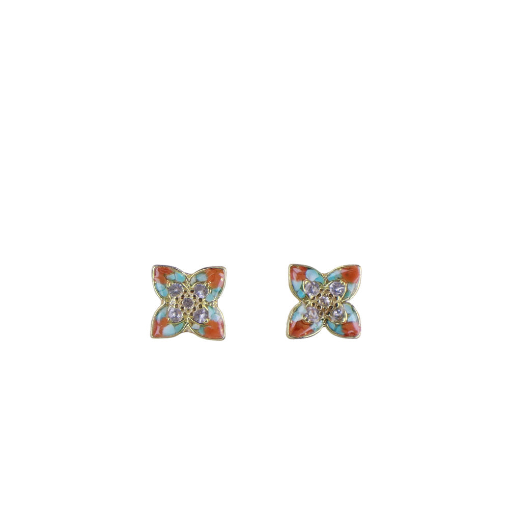 Colorful Stone Inlaid Pointed Four-Leaf Clover Earrings, Dunhuang Palette