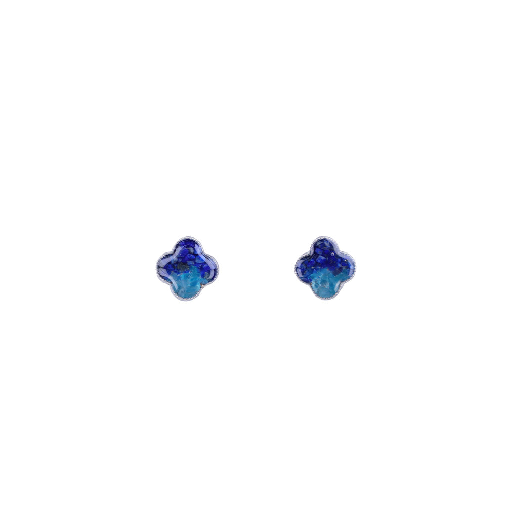 Color Stone Inlay Silver Four-Leaf Clover Stud Earrings – Royal Blue Gradient Series