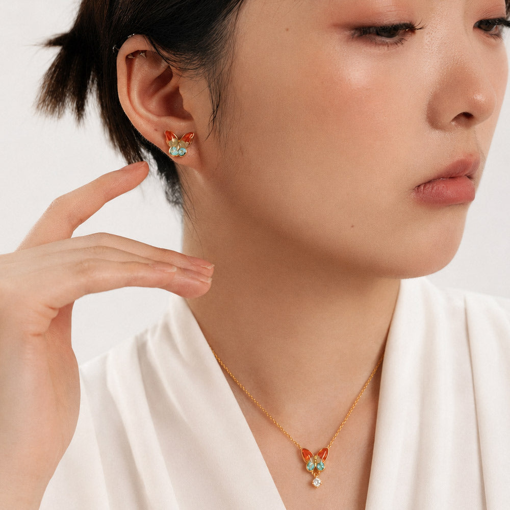 Dancing Butterfly in Rosy Dunhuang Glow Butterfly Waltz Necklace & Ring Bundle