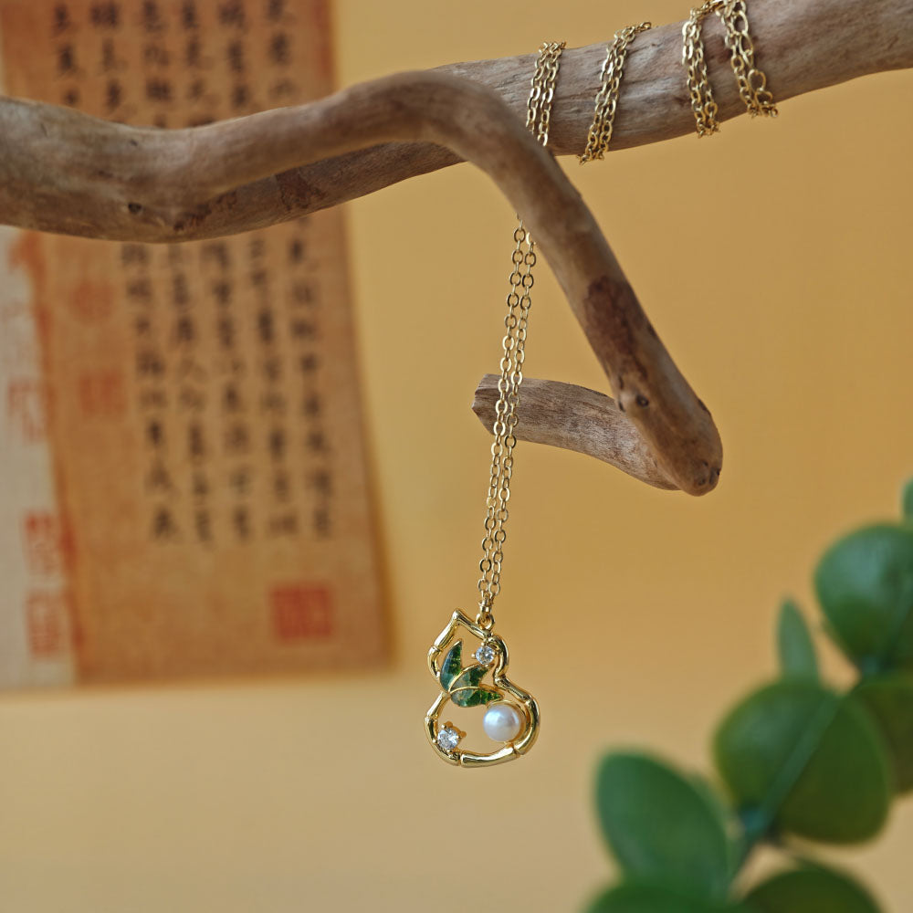 Color Stone Inlay Gourd & Bamboo Leaf Pearl Necklace – Jade Green Series