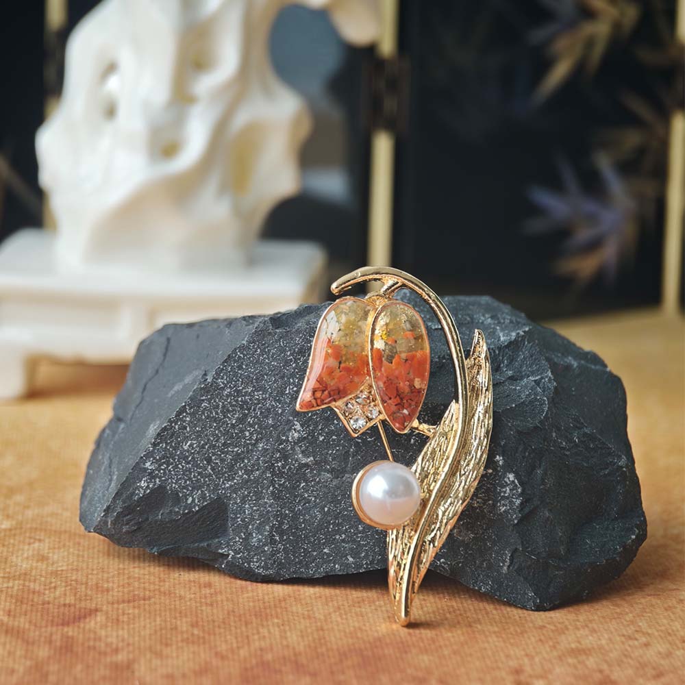 Red Tulip Brooch with Colored Stone Inlay