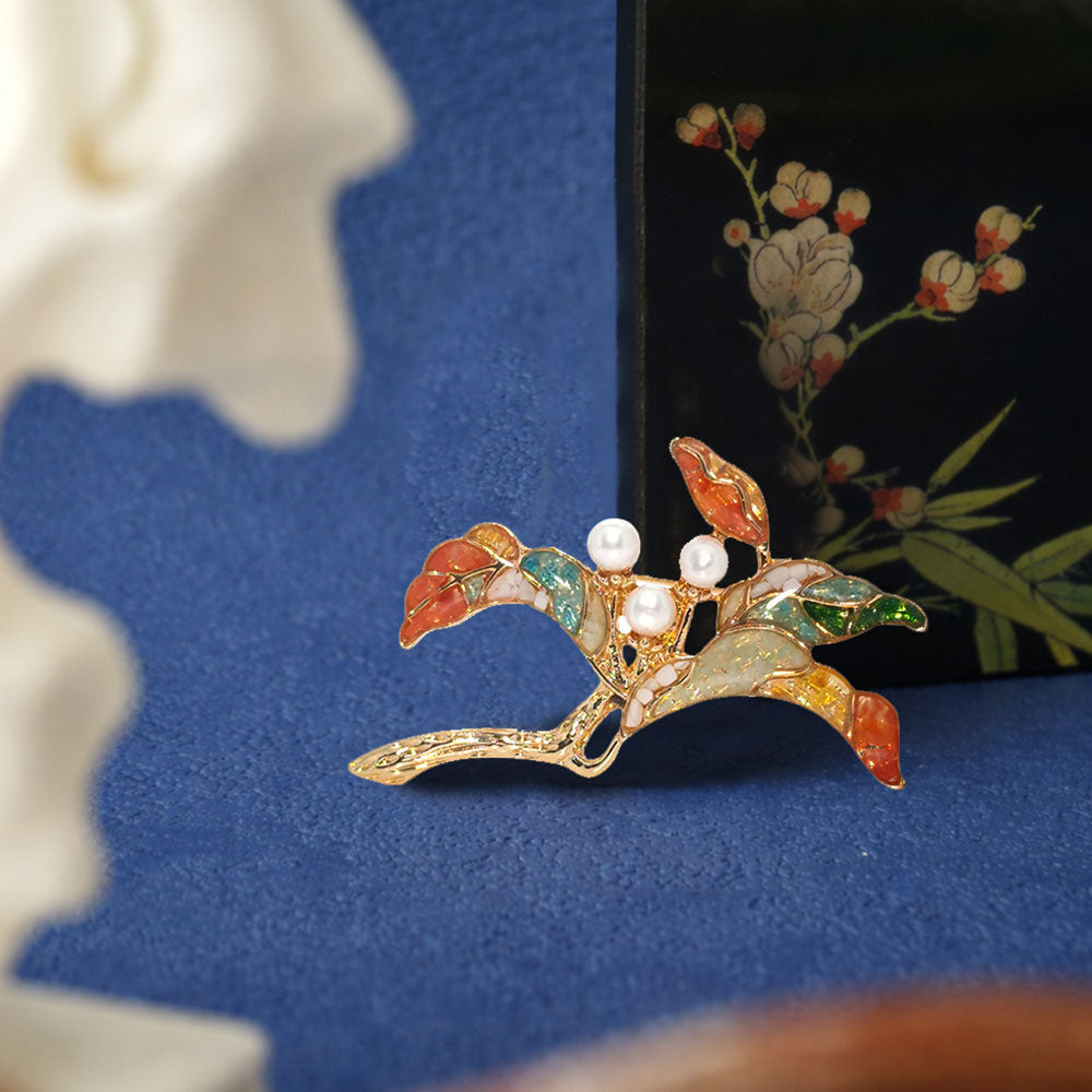 Color Stone Inlay Pearl Multi-Gem Floral Branch Brooch