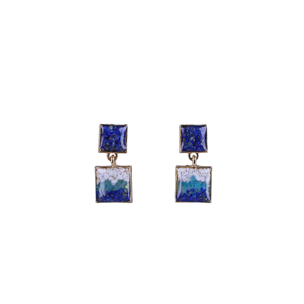 Square Blue-and-White Inlaid Stone Earrings