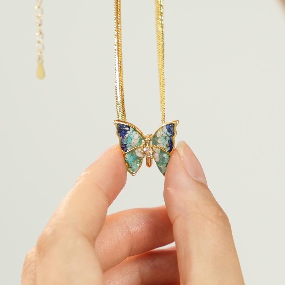 Color Stone Inlay Butterfly Necklace – Blue & White Style