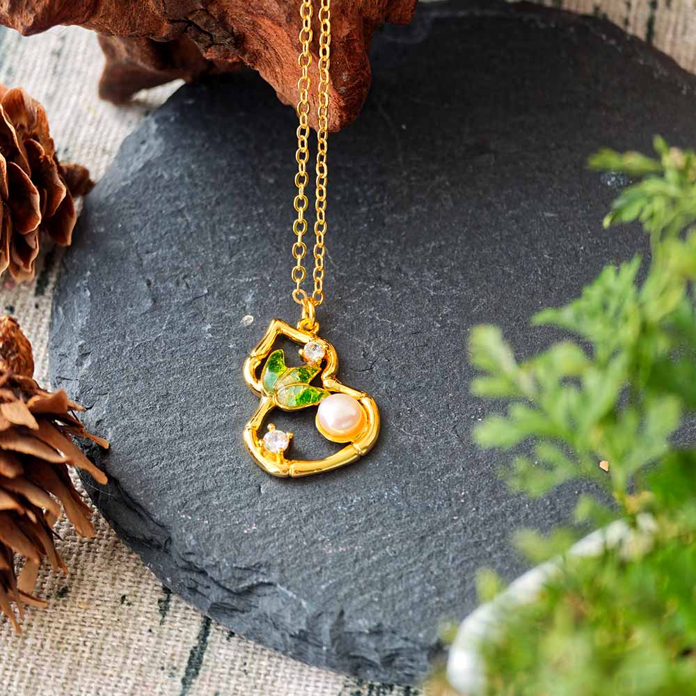 Color Stone Inlay Gourd & Bamboo Leaf Pearl Necklace – Jade Green Series