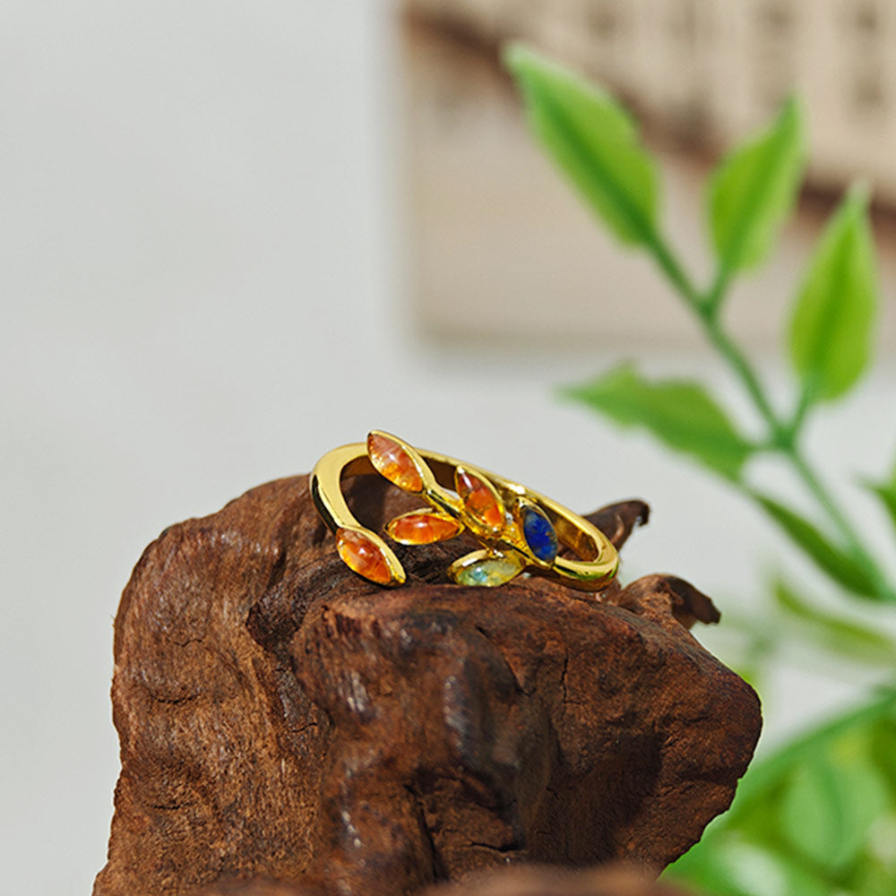 Dunhuang-Colored Olive Branch Ring Inlaid with Colored Stones