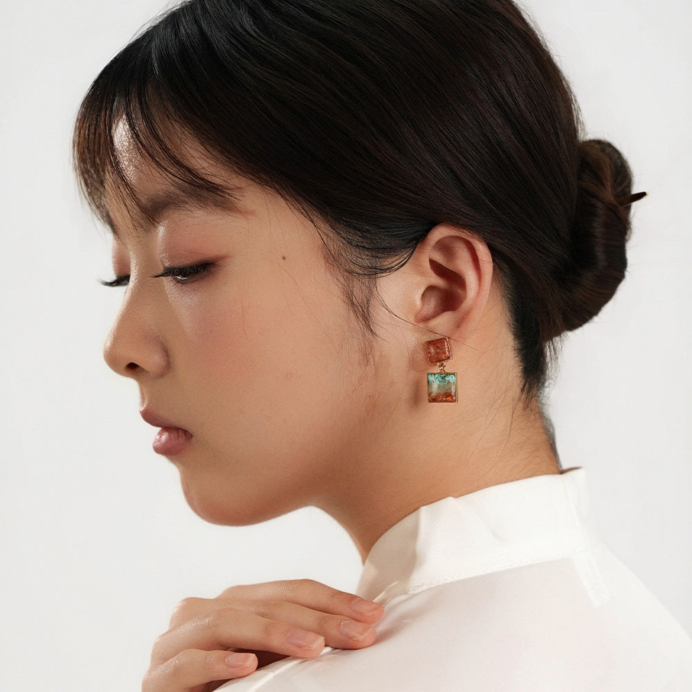 Colorful Stone Inlaid Earrings, Dunhuang Color Square Style