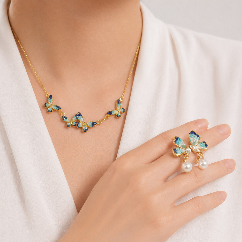 Butterfly in Azure Dream” Lapis Lazuli Butterfly Stud Earrings + Necklace Bundle