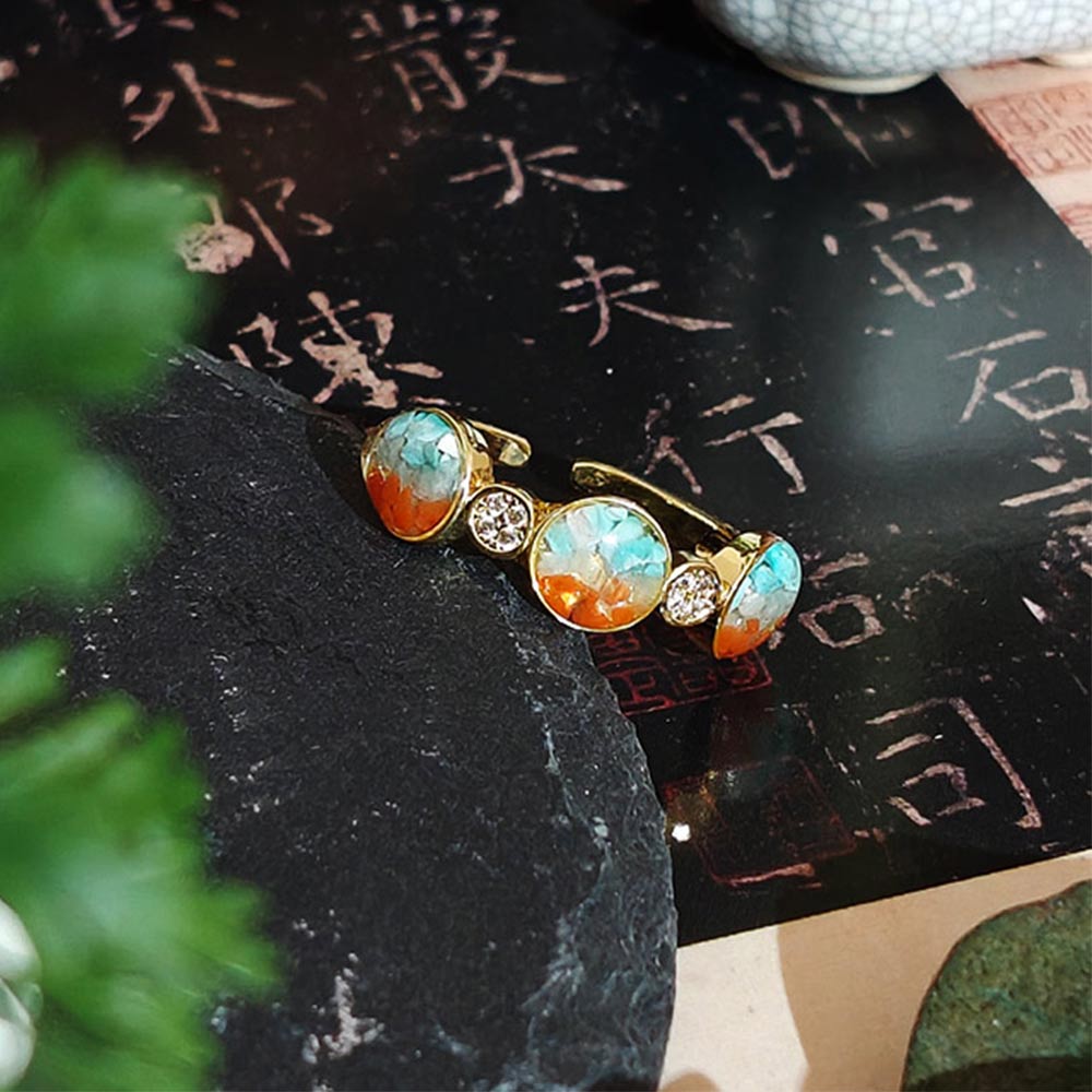 Color Stone Inlay Round Bead Ring – B Style, Dunhuang Red Series
