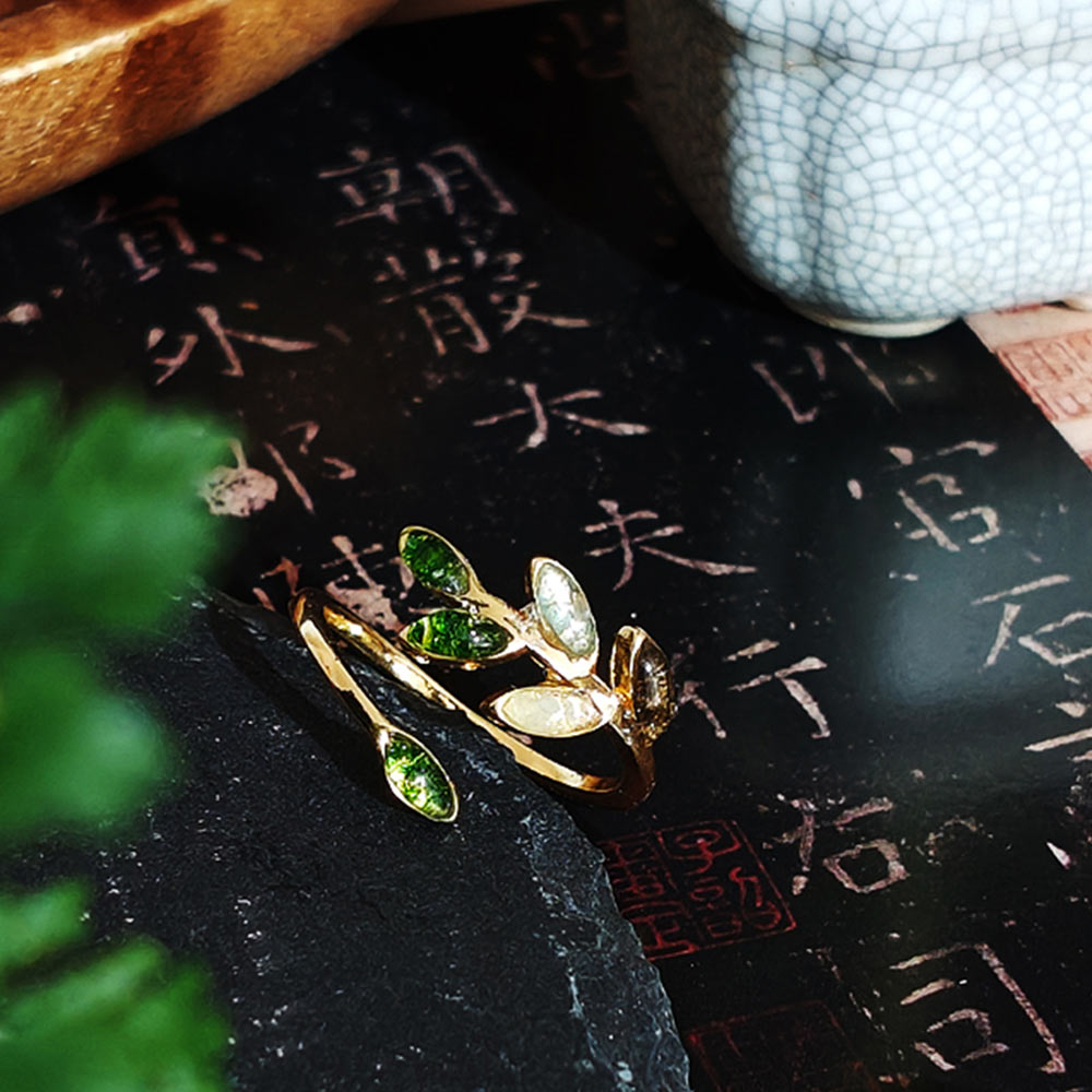 Adjustable Jadeite Olive Branch Ring with Colored Stone Inlay