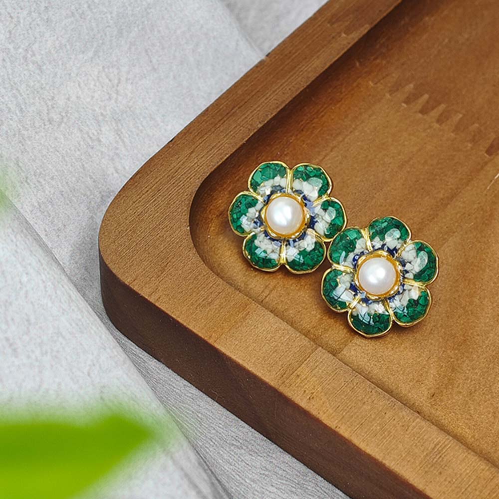 Color Stone Inlay Jade Green Baoxiang Flower Stud Earrings