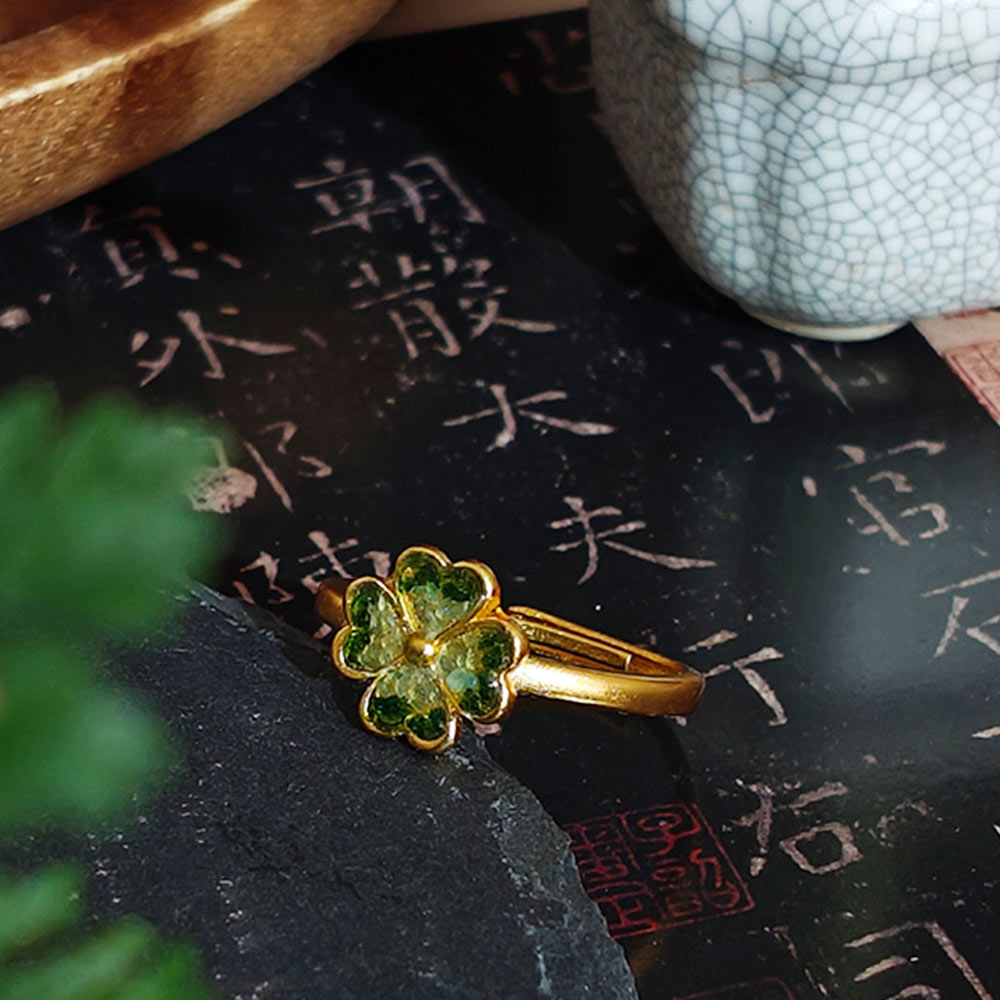 Adjustable Emerald Green Four-Leaf Clover Ring with Colorful Stone Inlay