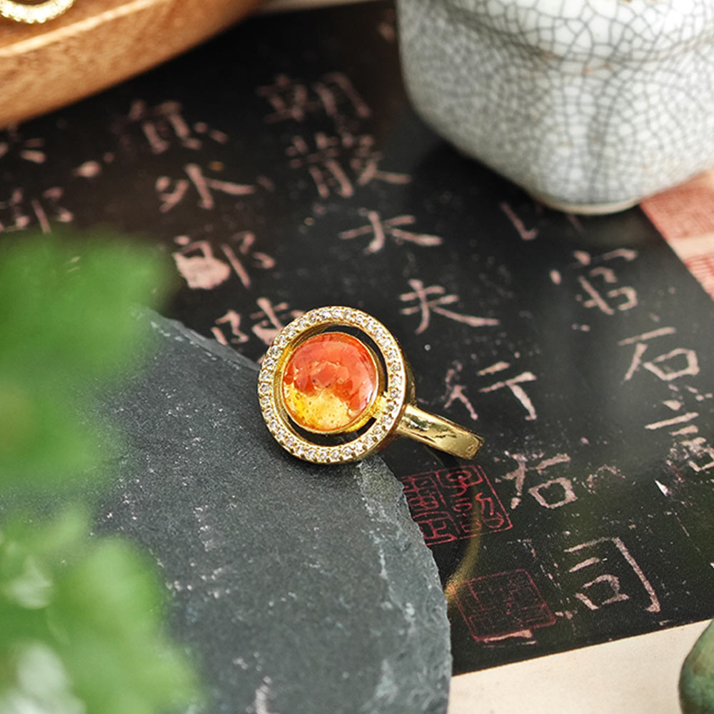 Red Prosperous Big Round Bean Ring Inlaid with Colored Stones