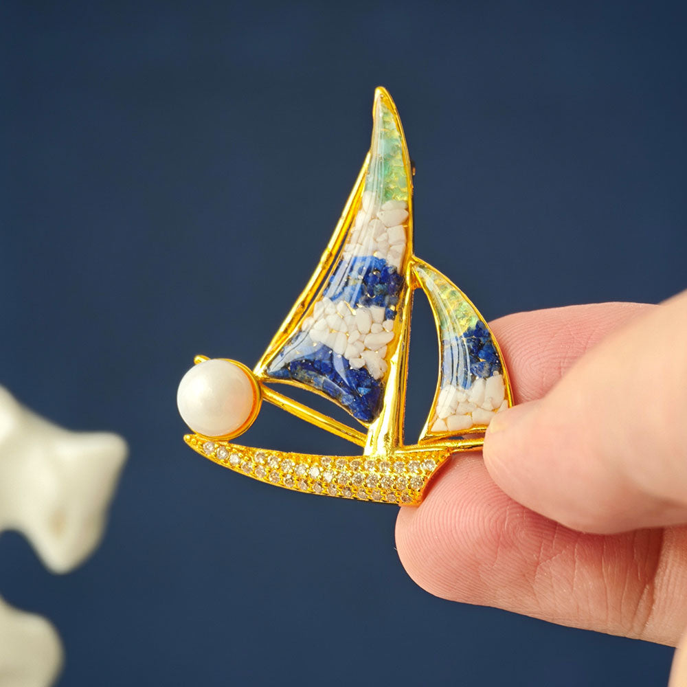 Color Stone Inlay Brooch – Sailboat, Blue & White Style