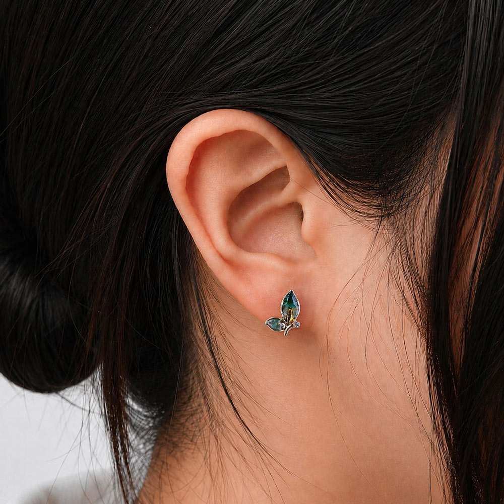 Color Stone Inlay Jade Green Butterfly Wing Stud Earrings - Style