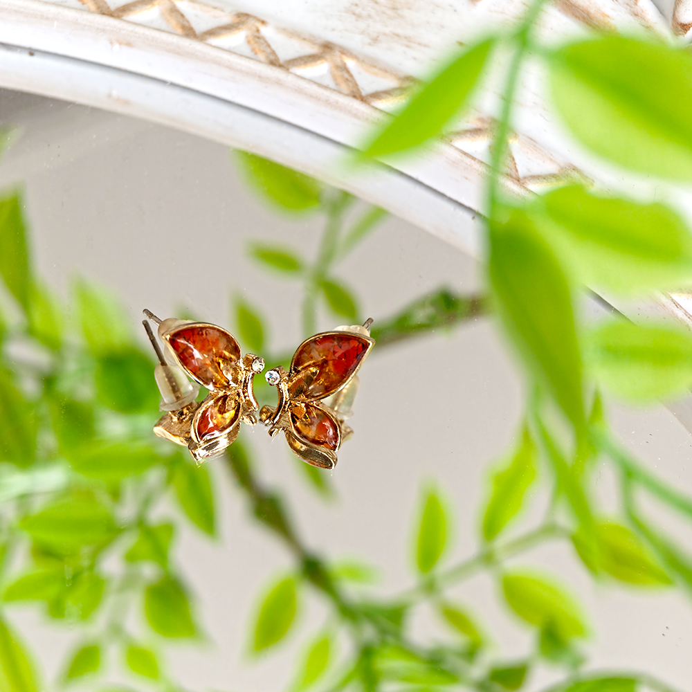 Color Stone Inlay Prosperous Red Butterfly Wing Stud Earrings – Style A