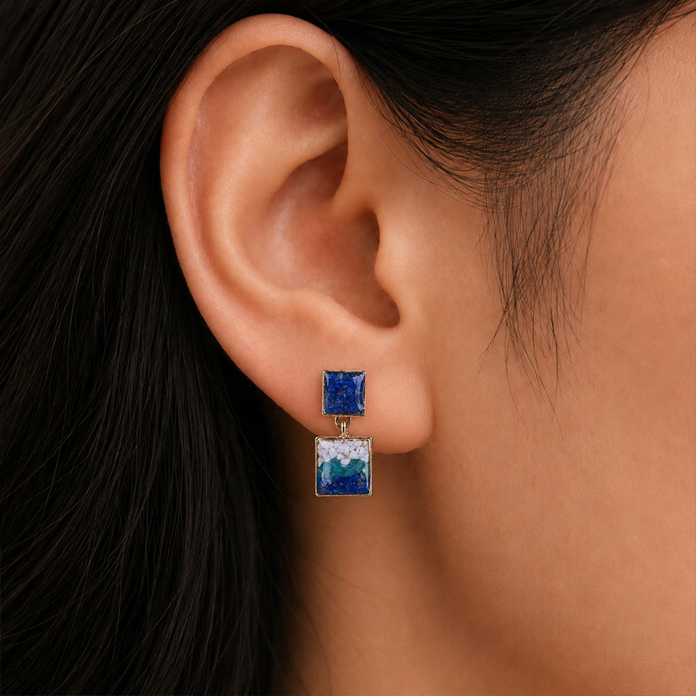 Square Blue-and-White Inlaid Stone Earrings