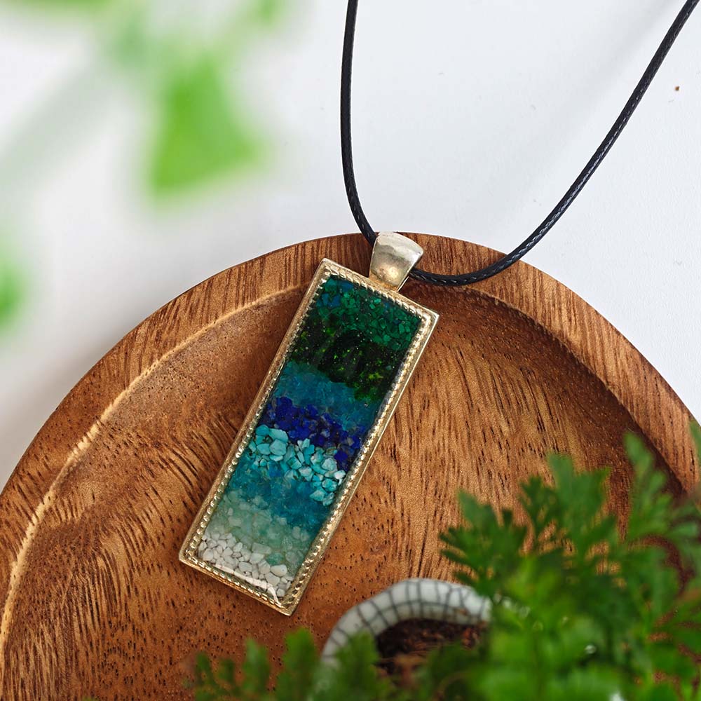 Azure-Green Landscape Rectangular Necklace with Colorful Stone Inlay