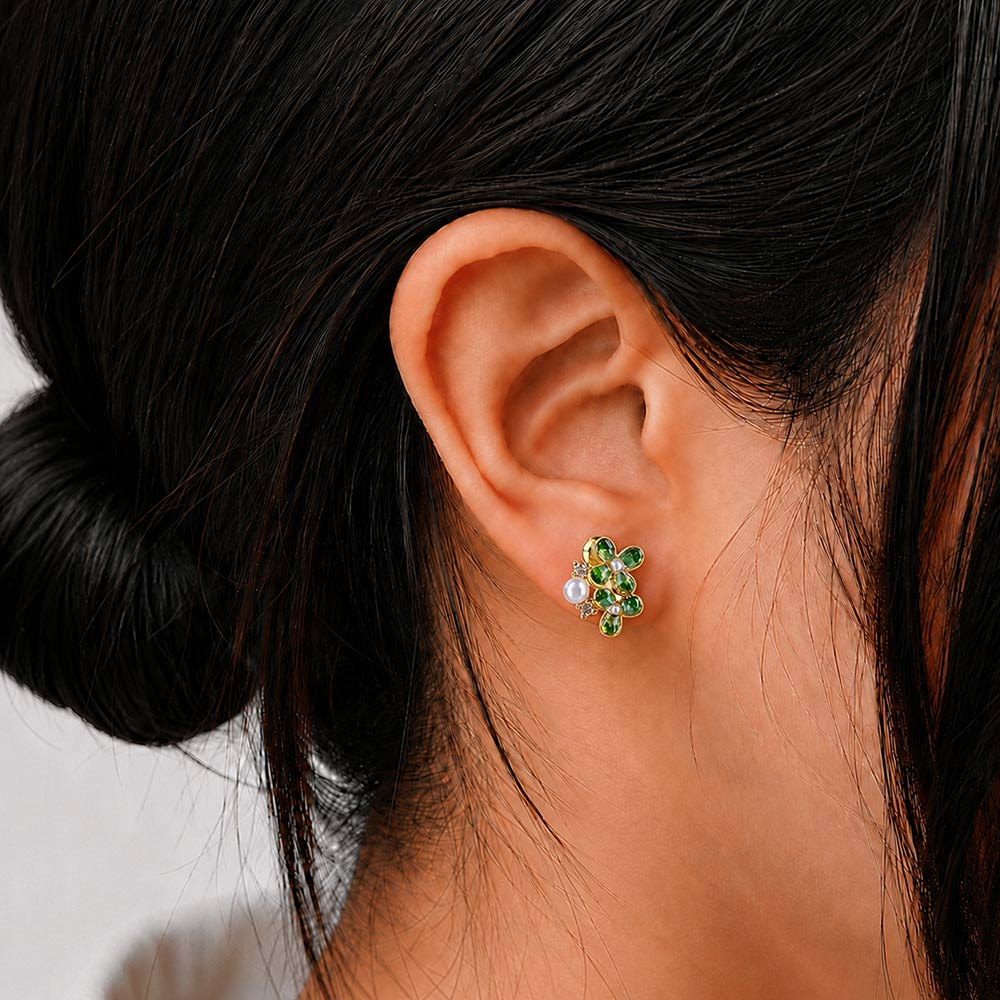 Color Stone Inlay Studs – Pearl & Four-Leaf, Emerald Green