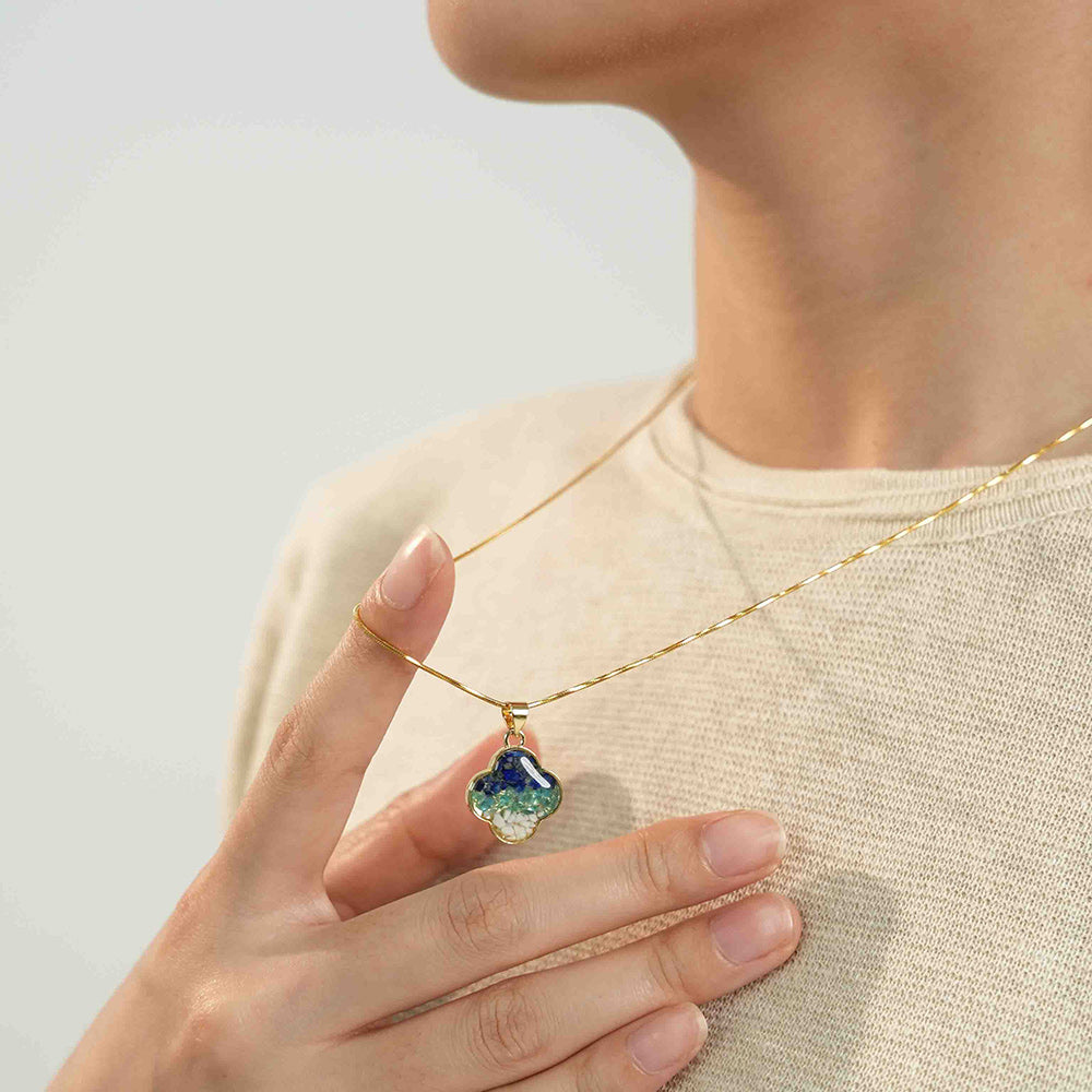 Color Stone Inlay Necklace – Single-Sided Clover, Blue & White Style