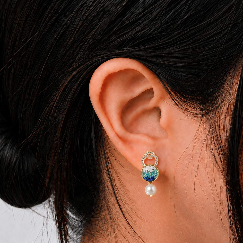 Colored Stone Inlaid Blue-and-White Gourd Earrings