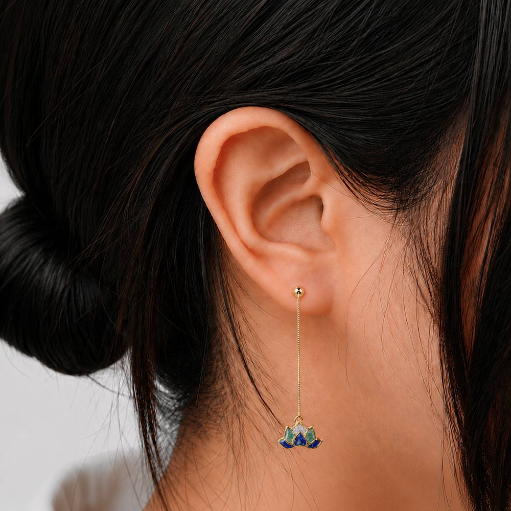 Colorful Stone Inlaid Long Earrings, Lotus Blue & White Porcelain Style