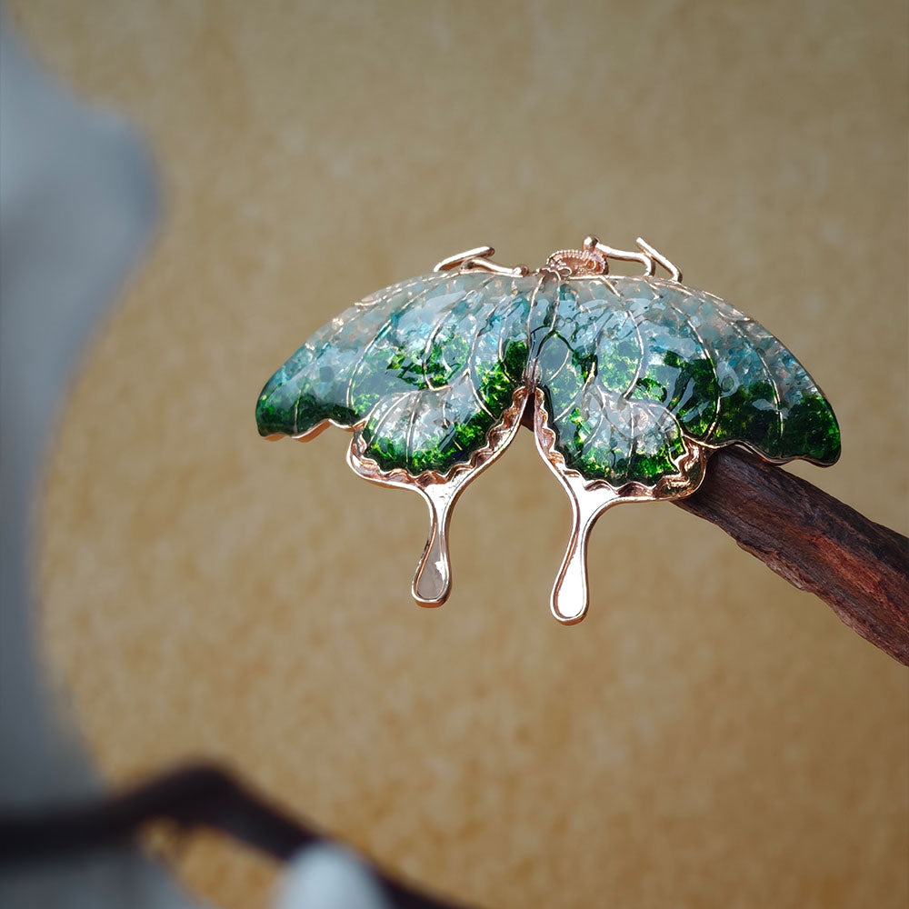 Jade Green Stone Inlay Butterfly Shape Brooch