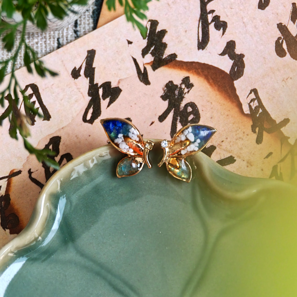 Color Stone Inlay Blue & White Butterfly Wing Stud Earrings