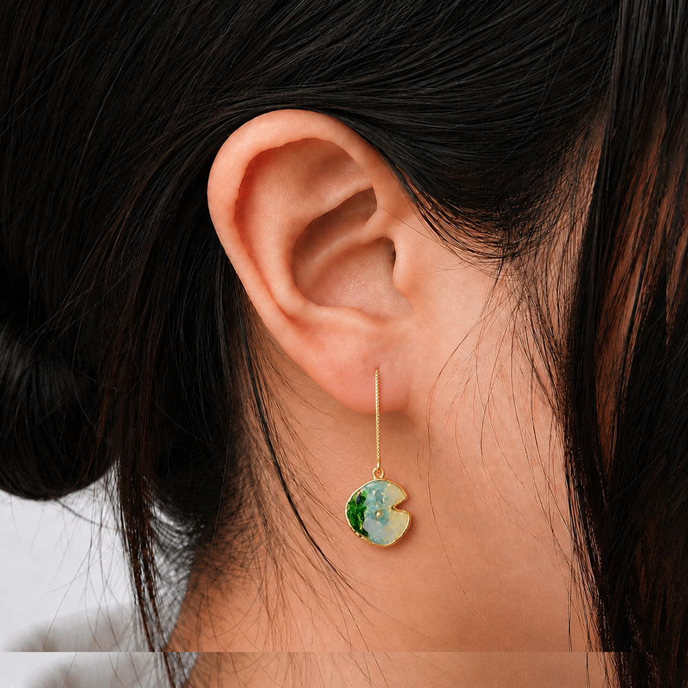 Colorful Stone Inlaid Earrings, Emerald Green Lotus Leaf Drop