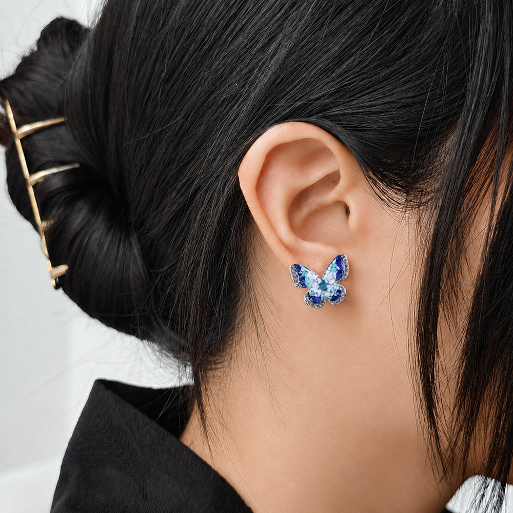 Color Stone Inlay Earrings – Blue & White Butterfly 15MM