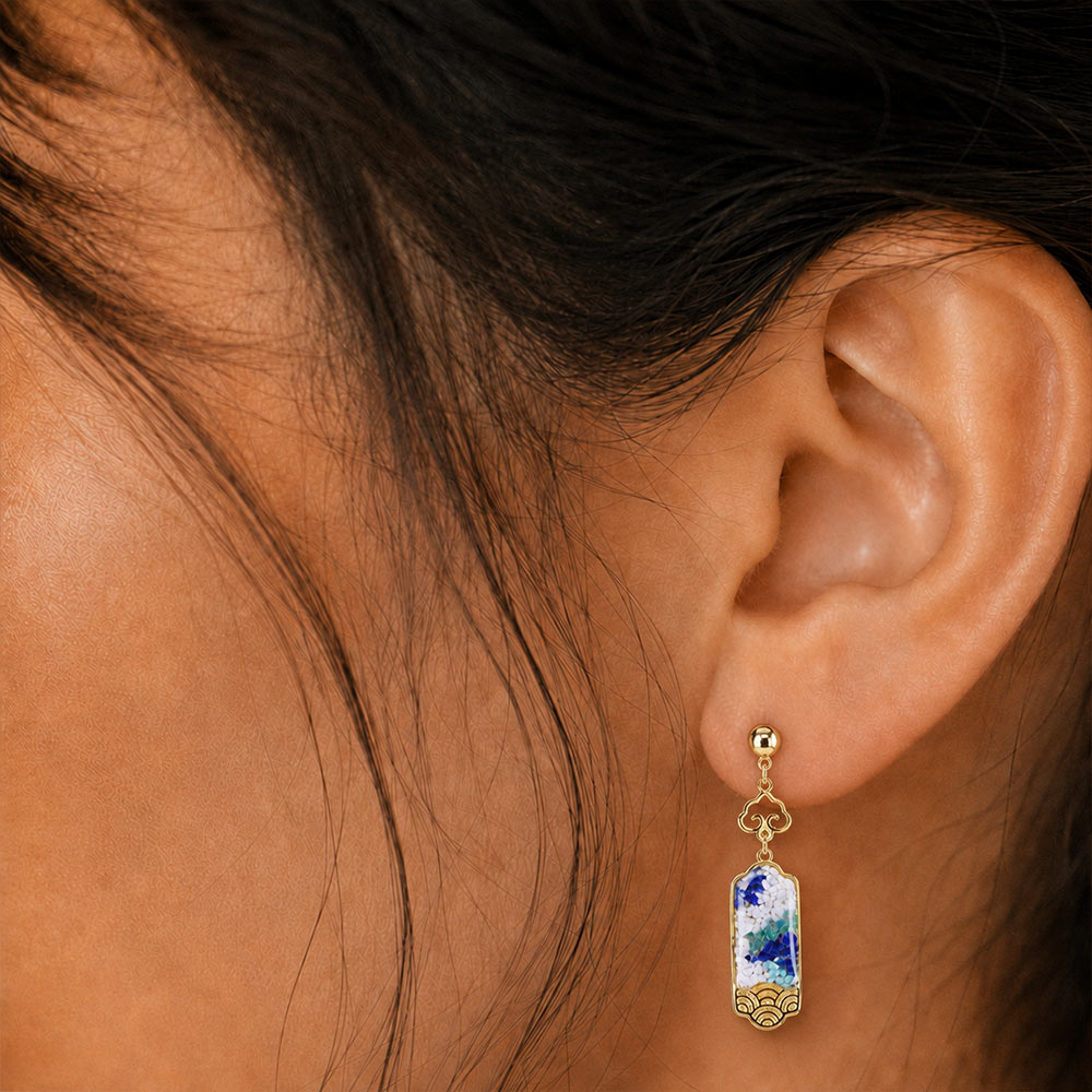 Colored Stone Inlaid Blue-and-White Nameplate Hook Earrings