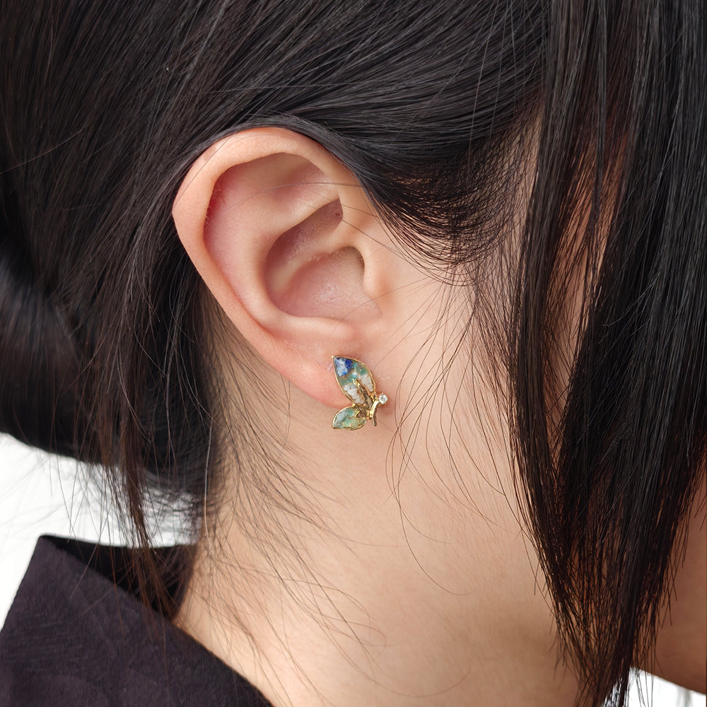 Color Stone Inlay Blue & White Butterfly Wing Stud Earrings