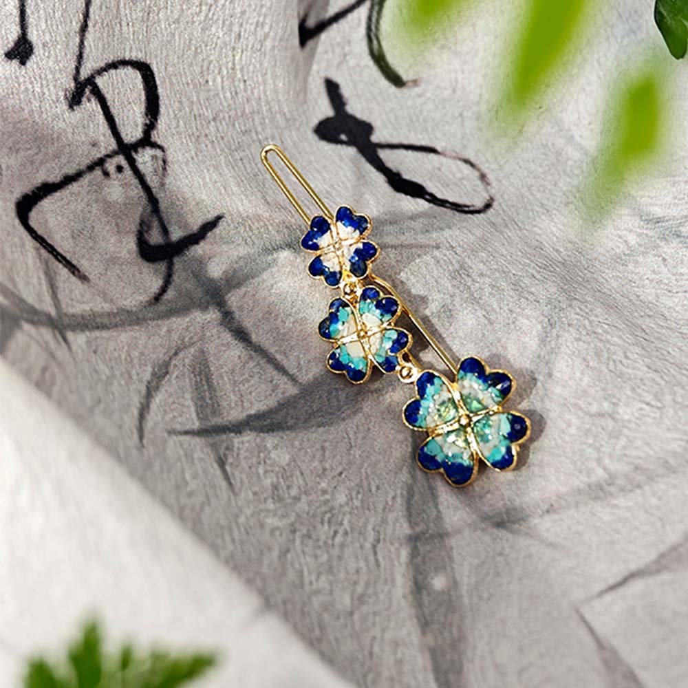 Cyan Lapis Four-Leaf Clover Hairpin with Enamel Inlay