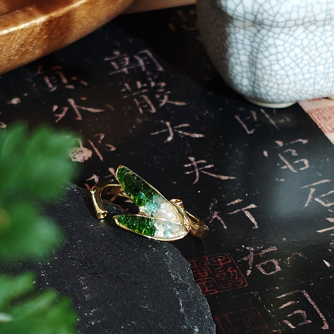 Color Stone Inlay Jade Green Gradient Bamboo Leaf Ring – B Style