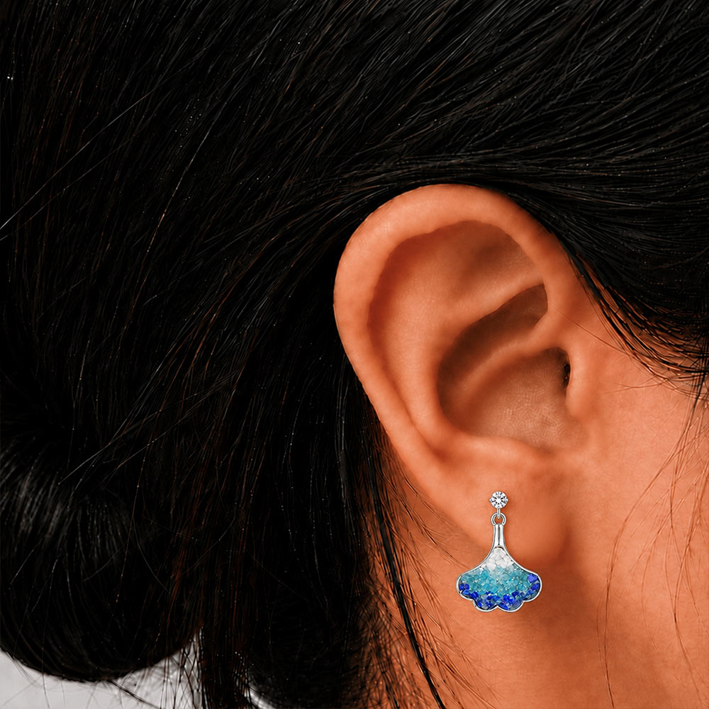 Color Stone Inlay Silver Blue & White Ginkgo Stud Earrings