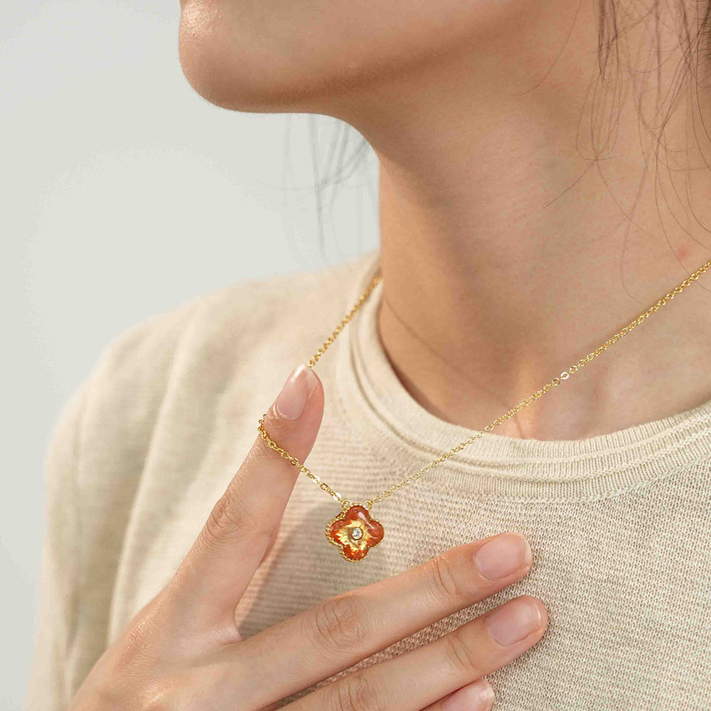 Color Stone Inlay Four-Leaf Clover Necklace – Prosperous Red Double-Sided