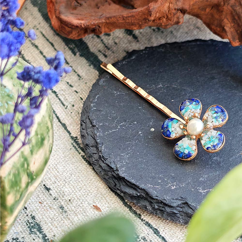 Colorful Stone Inlaid Lapis Lazuli Plum Blossom Shaped Hair Clip, Blue and White Style
