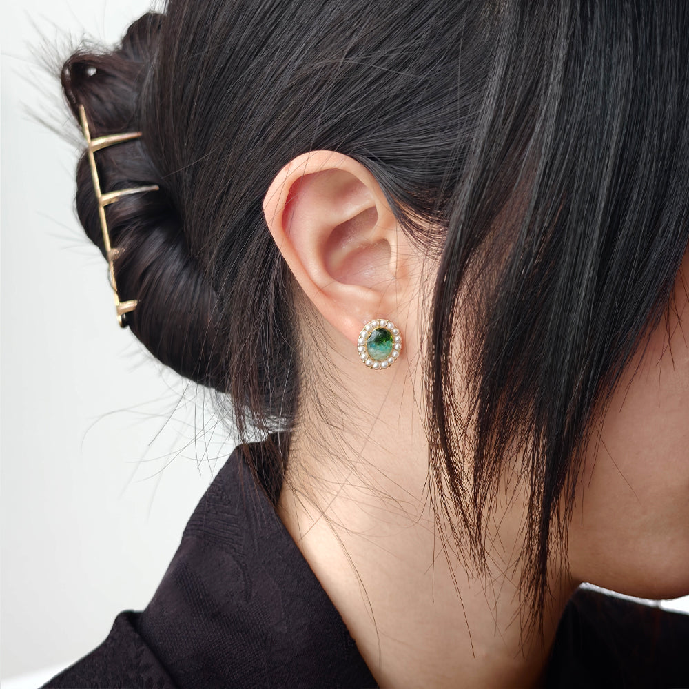 Colorstone Inlay Pearl Oval Stud Earrings, Emerald Green Series