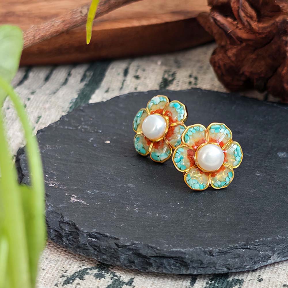 Dunhuang Baoxiang Flower Blue Stud Earrings