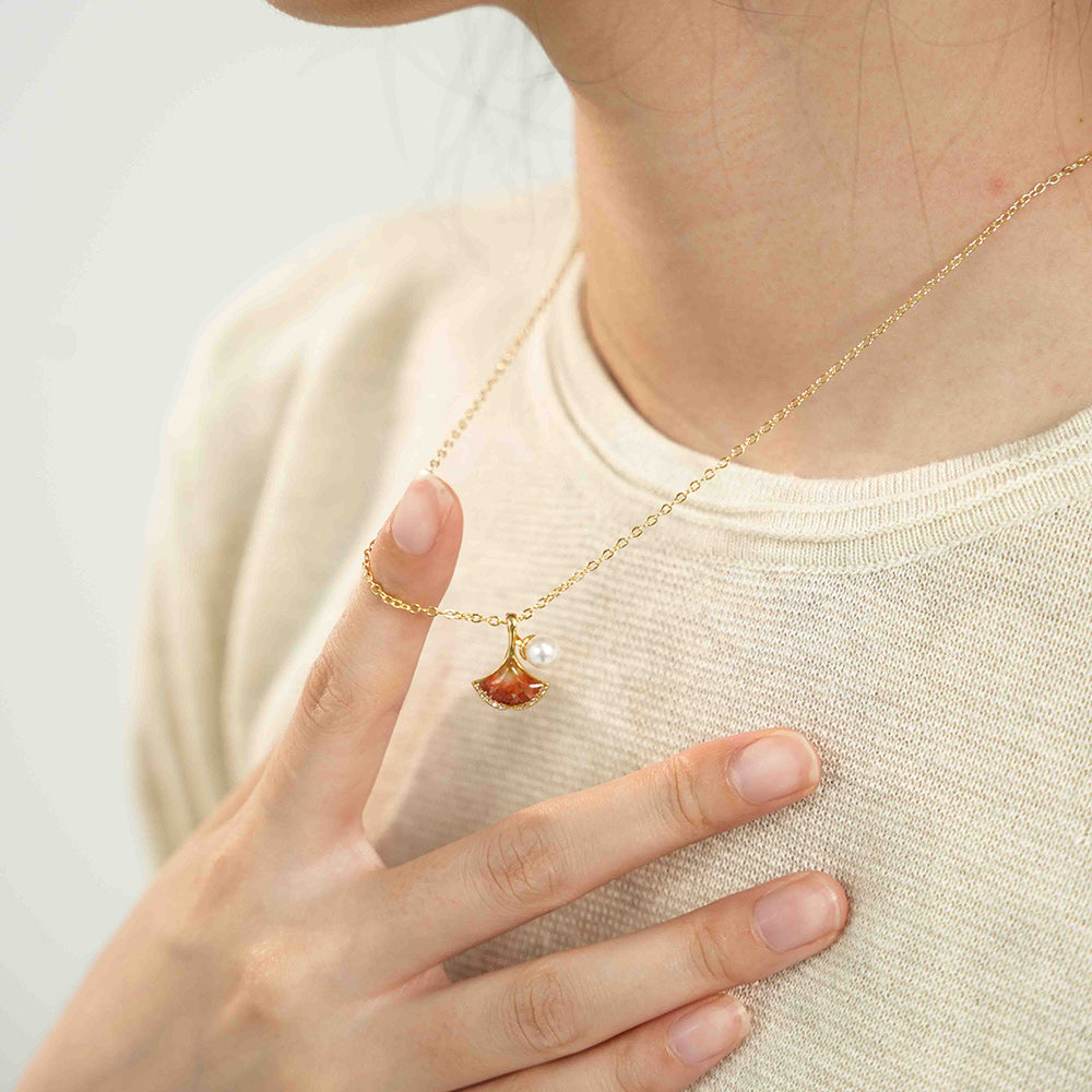 Color Stone Inlay Necklace – Ginkgo Leaf, Prosperous Red