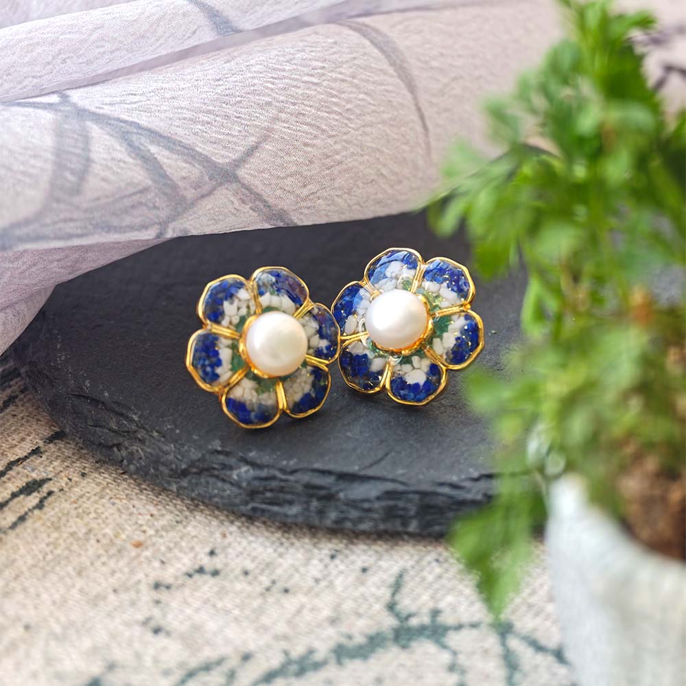 Color Stone Inlay Plum Gradient Baoxiang Flower Stud Earrings