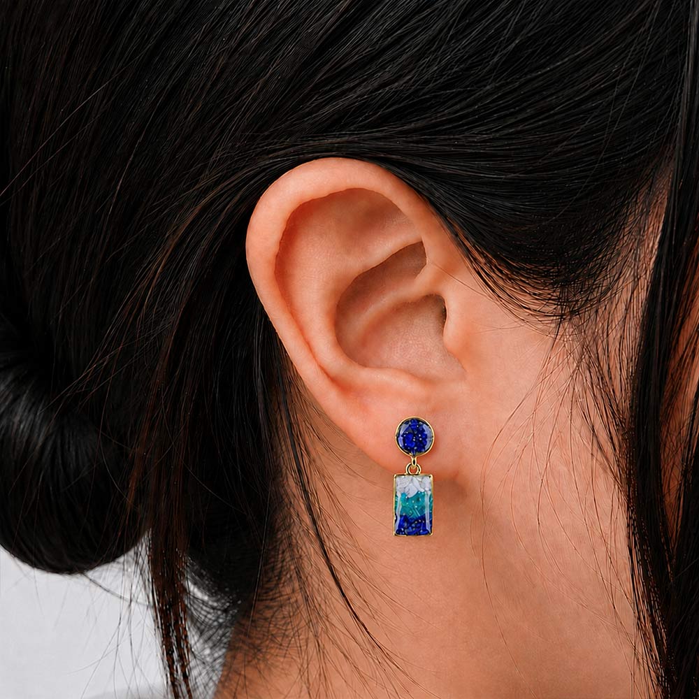 Color Stone Inlay Earrings – Blue & White Round Square