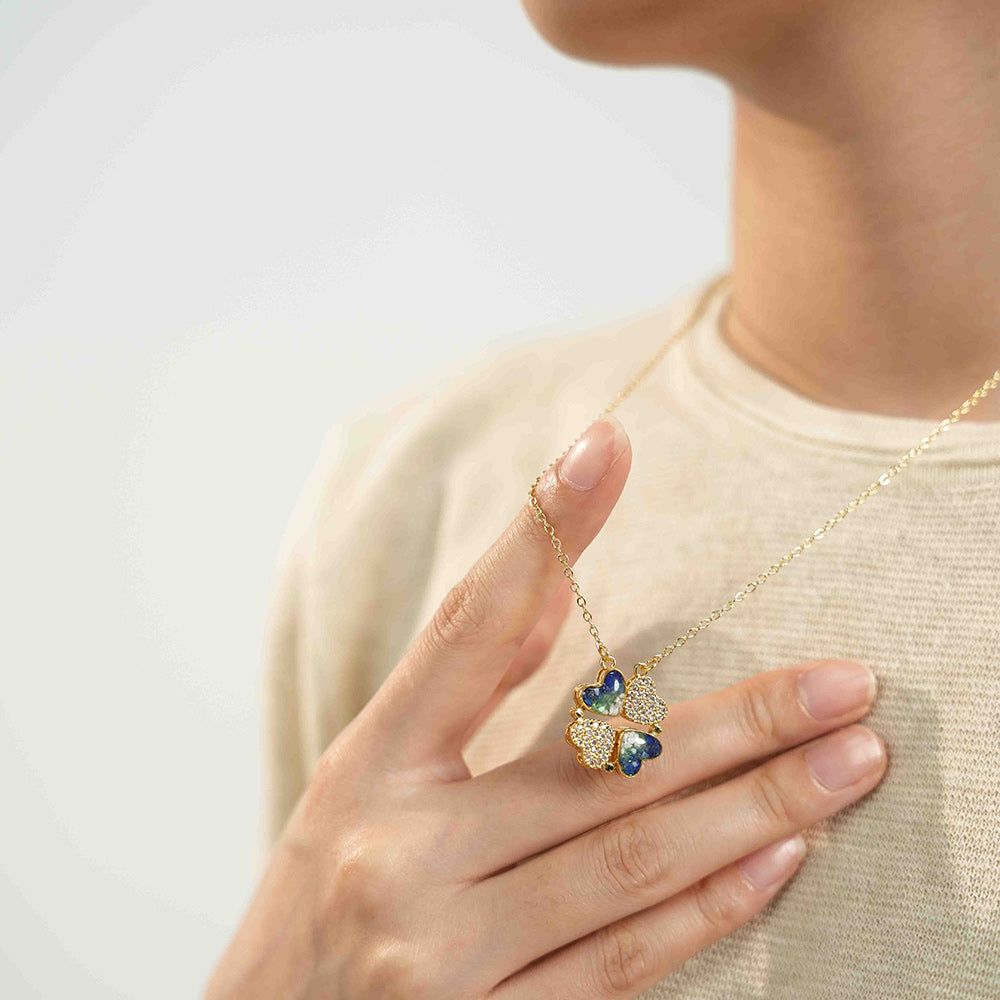 Color Stone Inlay Movable Magnetic Clover Necklace – Blue & White