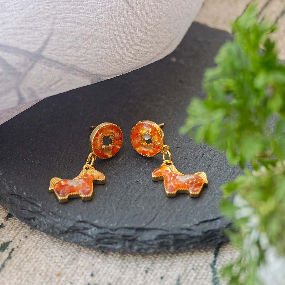 Colorful Stone Inlaid Earrings, “Prosperity Red” Coin Horse Design