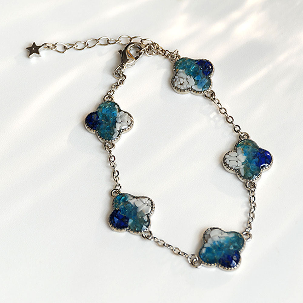 Color Stone Inlay Silver Four-Leaf Clover Bracelet – Blue & White