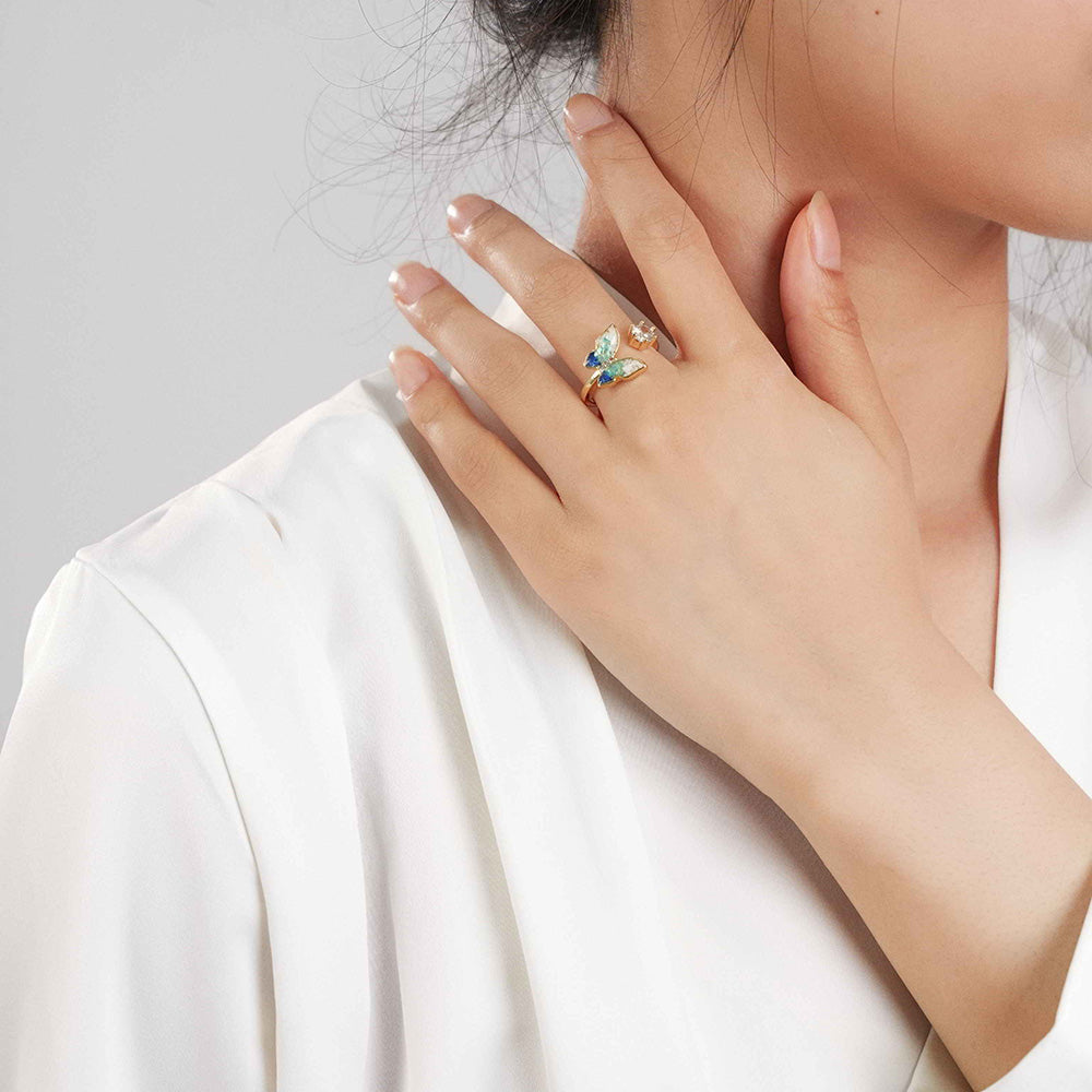 Colored Stone Inlaid Blue-and-White Gradient Butterfly Ring