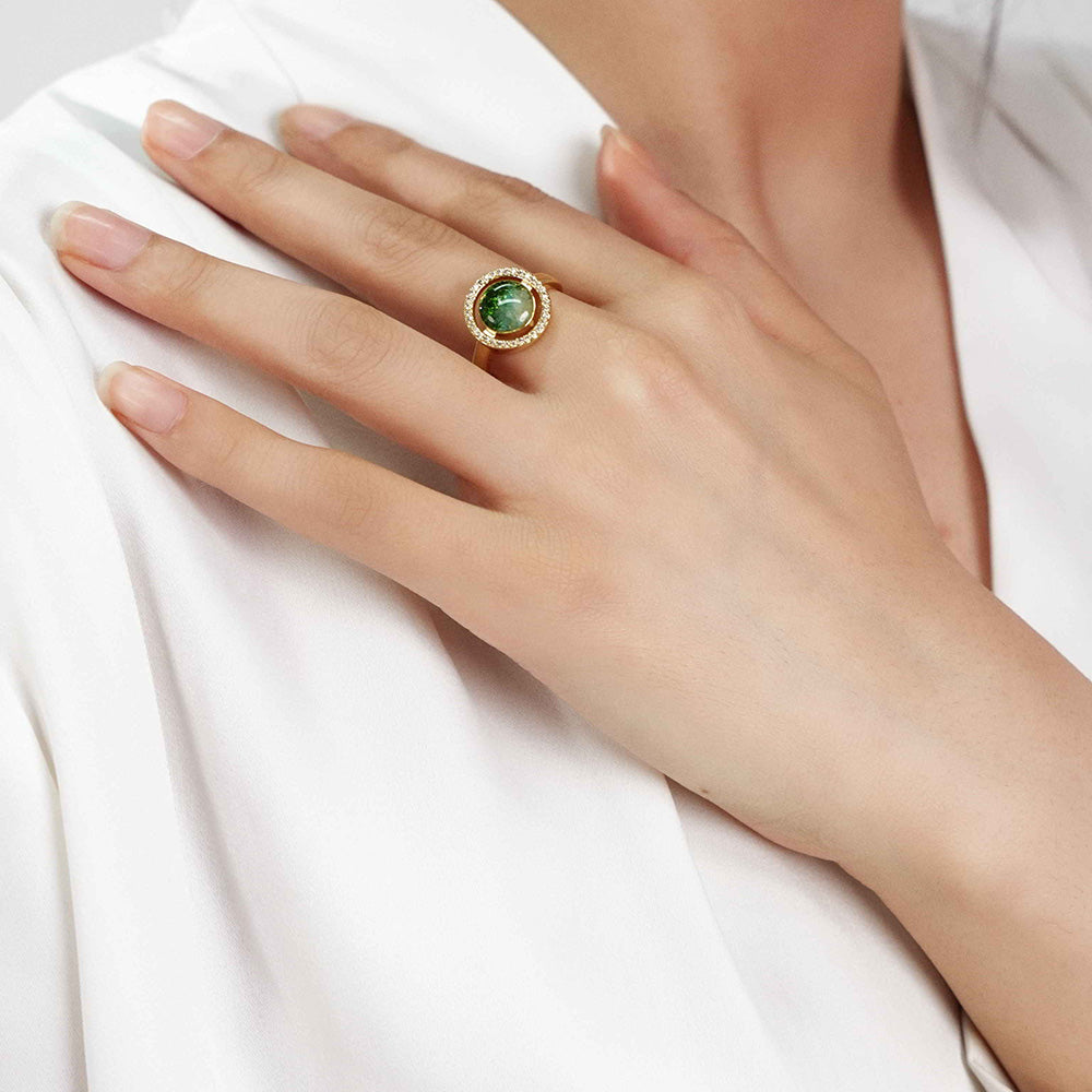 Jadeite Green Big Round Bean Ring Inlaid with Colored Stones