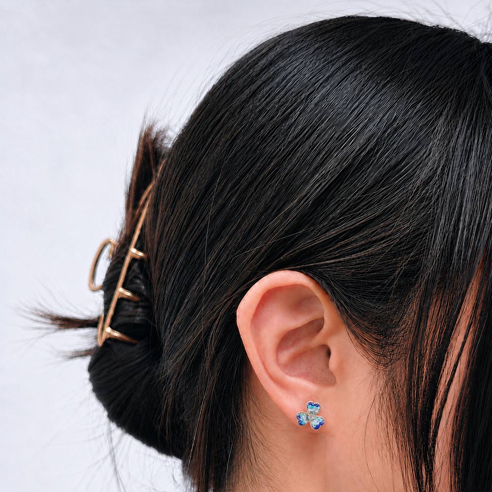 Color Stone Inlay Blue & White Three-Leaf Clover Stud Earrings