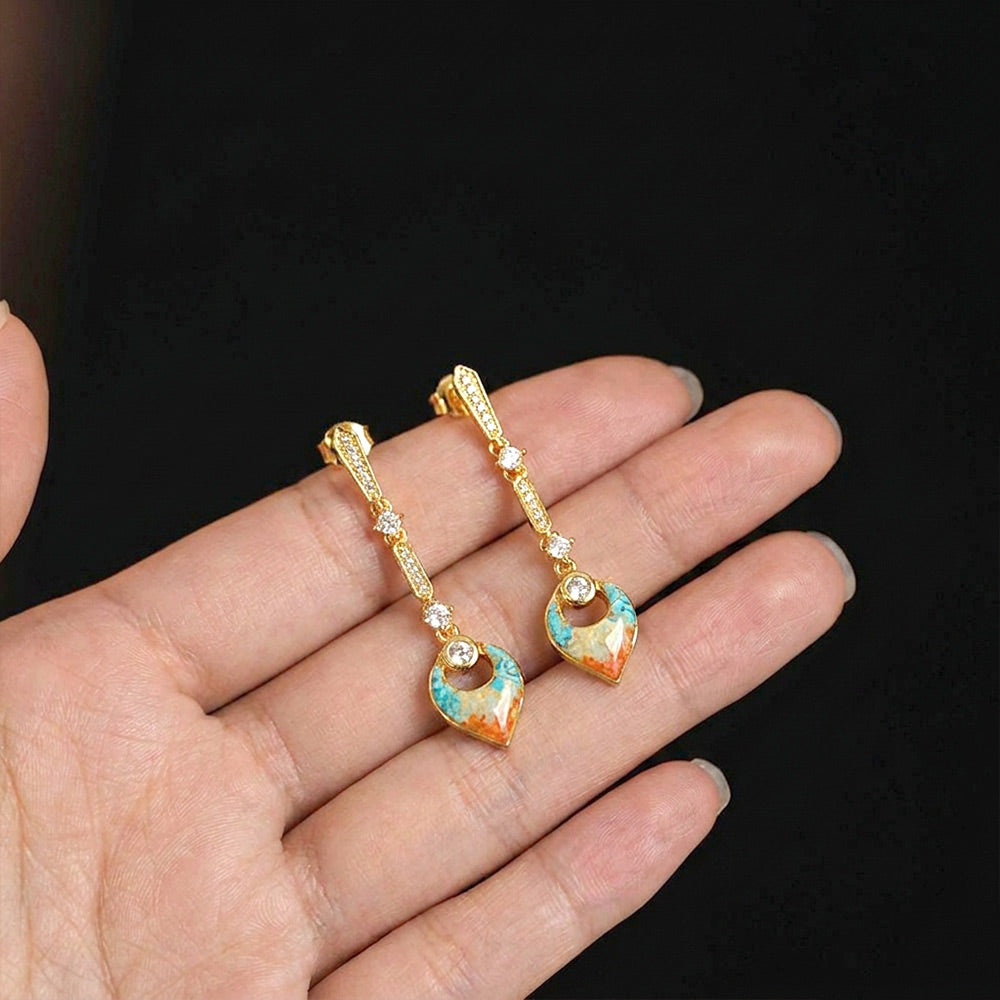 Color Stone Inlay Hollow Diamond Drop Earrings - Dunhuang Red Series